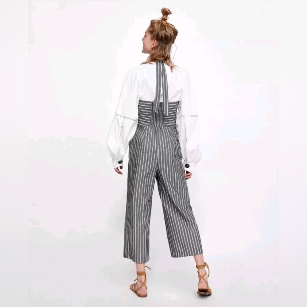 ZARA COLLECTION STRIPED CULOTTE JUMPSUIT NAUTICAL HALTERNECK Size M - Picture 3 of 8